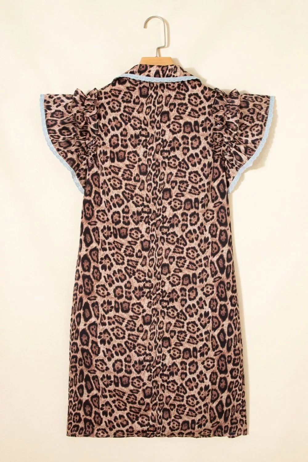 Leopard Print Lace Trim Shirt Collar Button Down Loose Mini Dress, image 6
