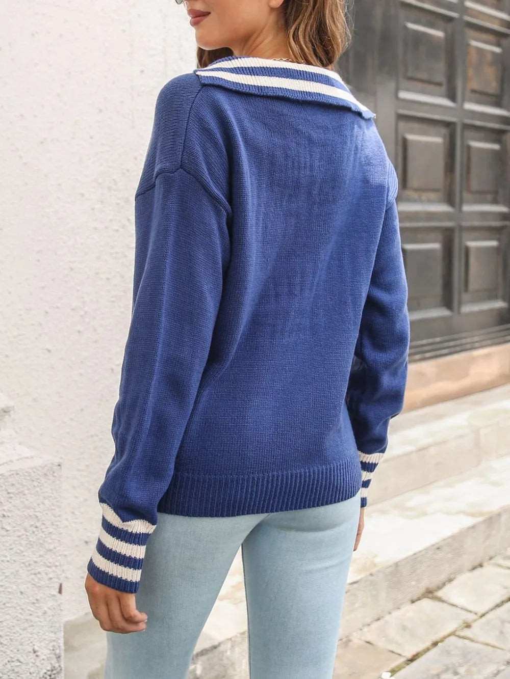 Striped Trim Drop Shoulder Sweater, image 7