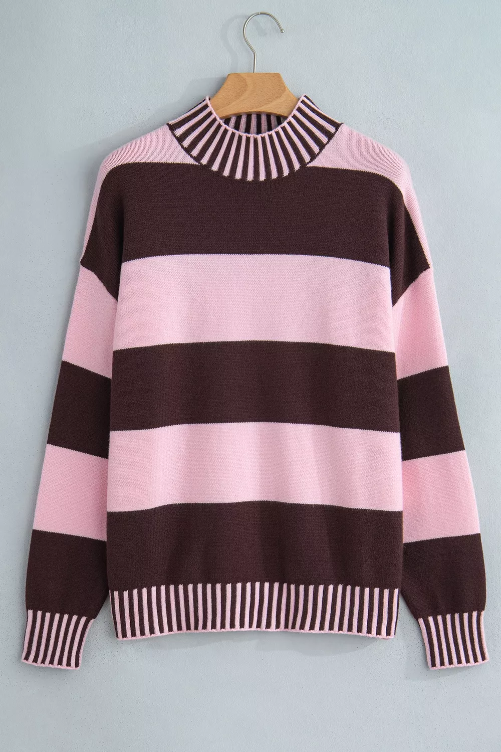 Stripe Contrast High Neck Dropped Shoulder Relaxed Sweater, image 5
