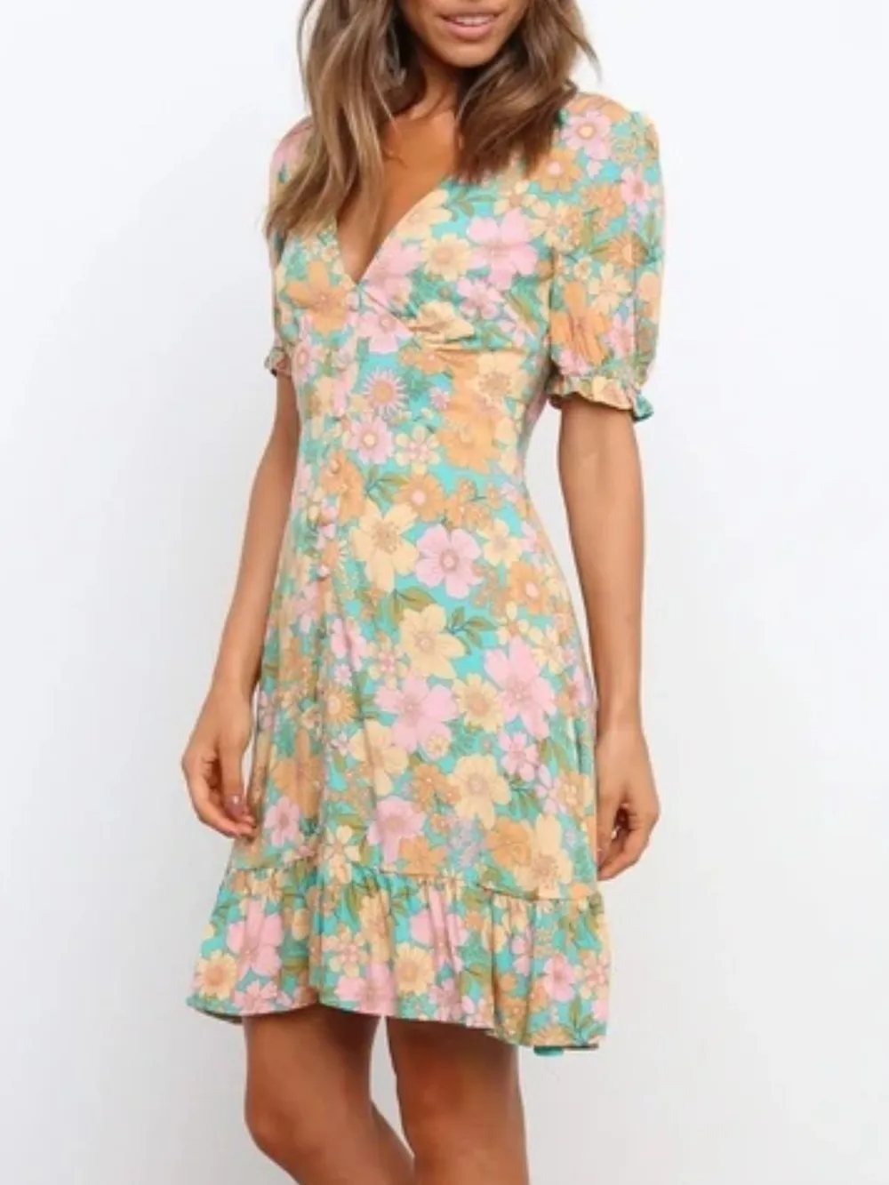 Ruffled Hem Printed Short Sleeve Mini Dress, image 5