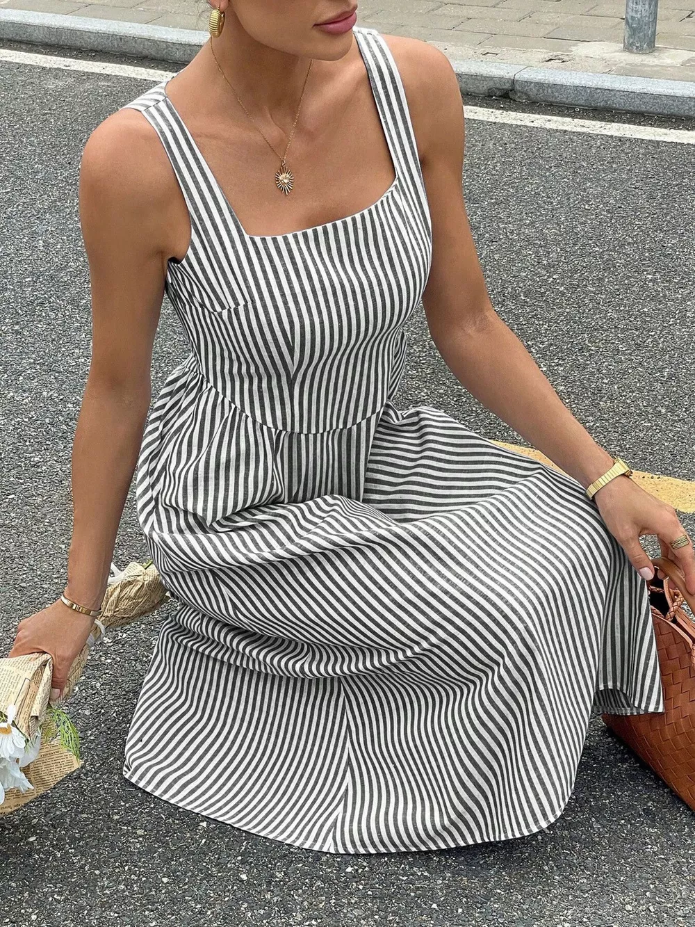 Striped Square Neck Midi Dress, image 17