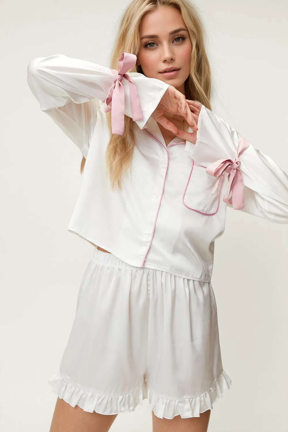 Tied Cuff Collared Neck Top and Frill Shorts Lounge Set, image 2