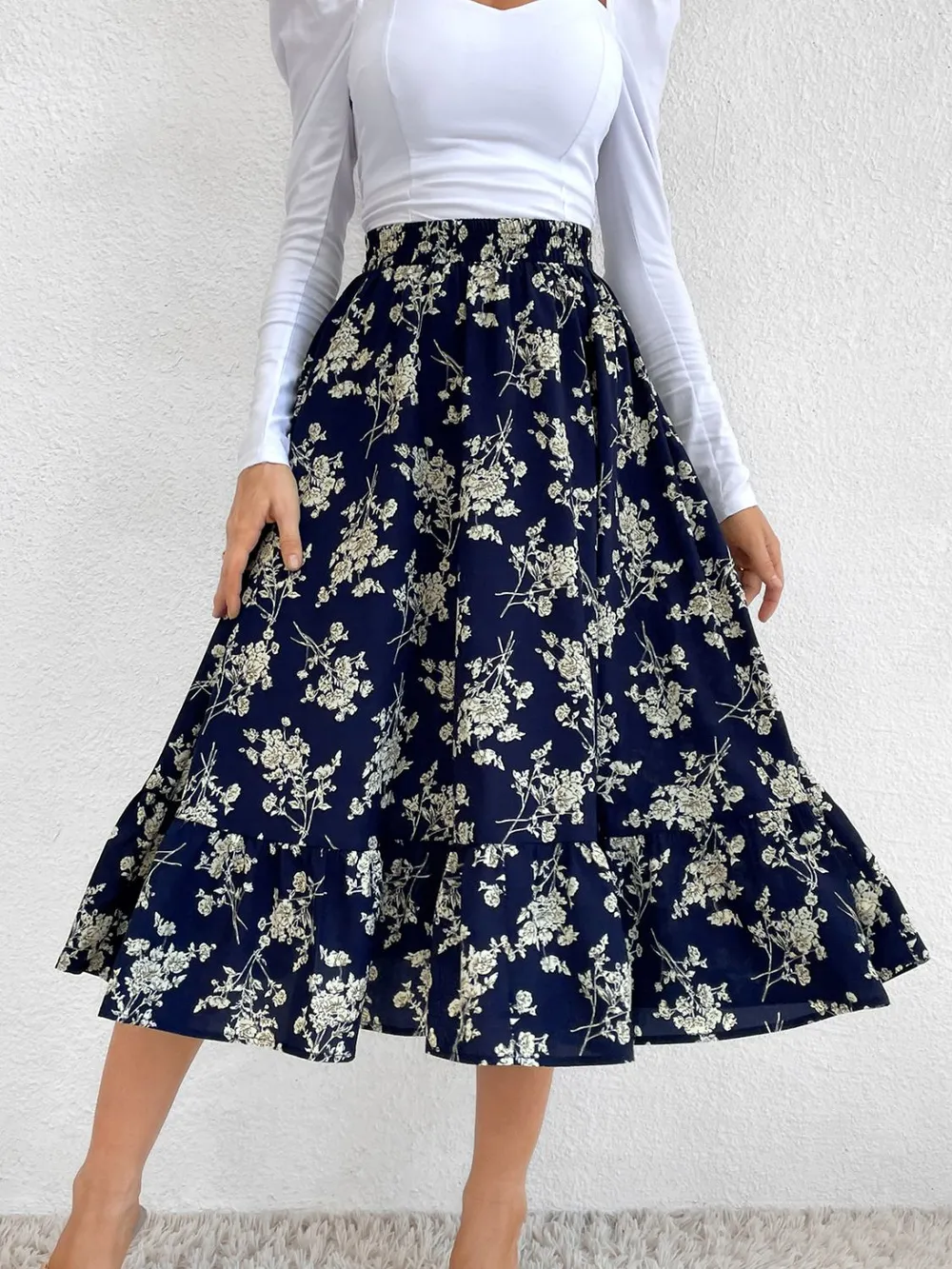 Printed Elastic Waist Midi Skirt, image 18