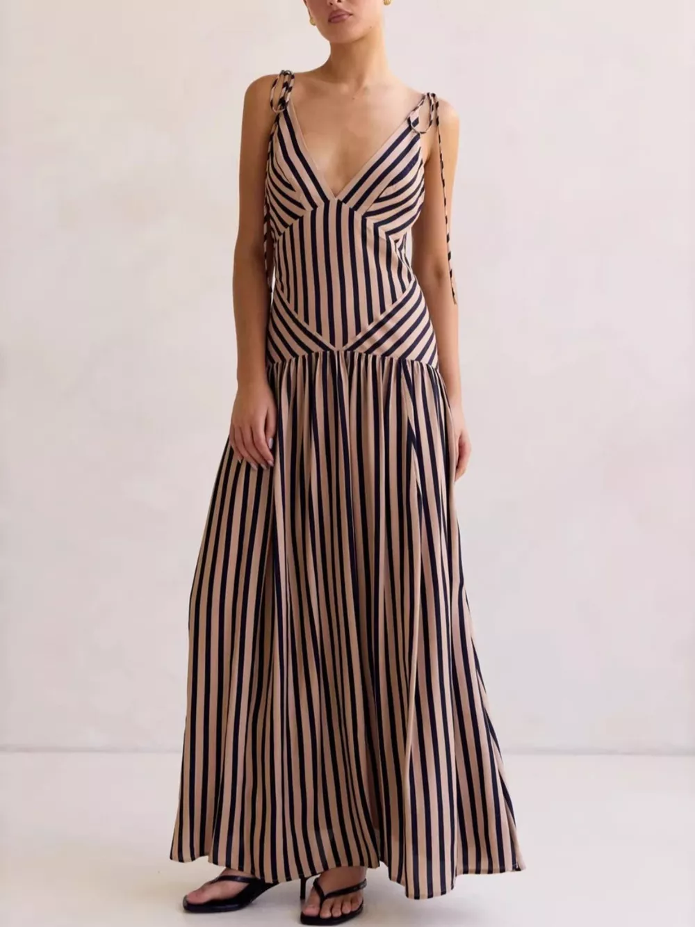 Striped V-Neck Tie-Shoulder Maxi Dress, image 2