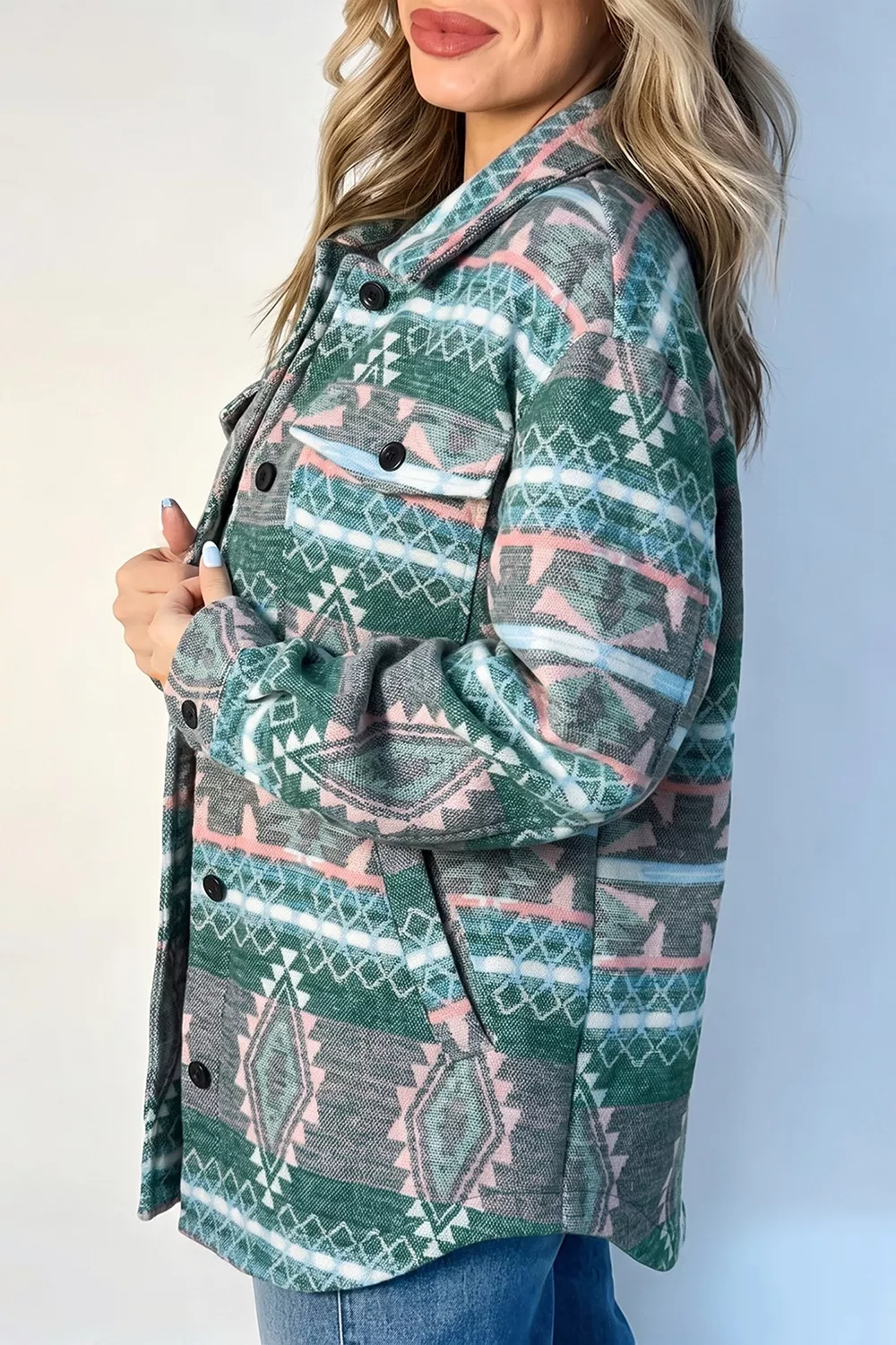 Geometric Print Button Front Long Sleeve Shacket, image 8