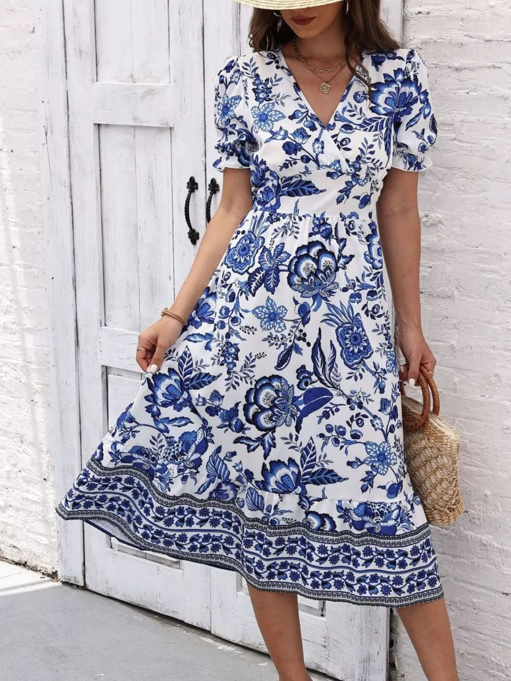 Floral Print Puff Sleeve Wrap Midi Dress, image 5