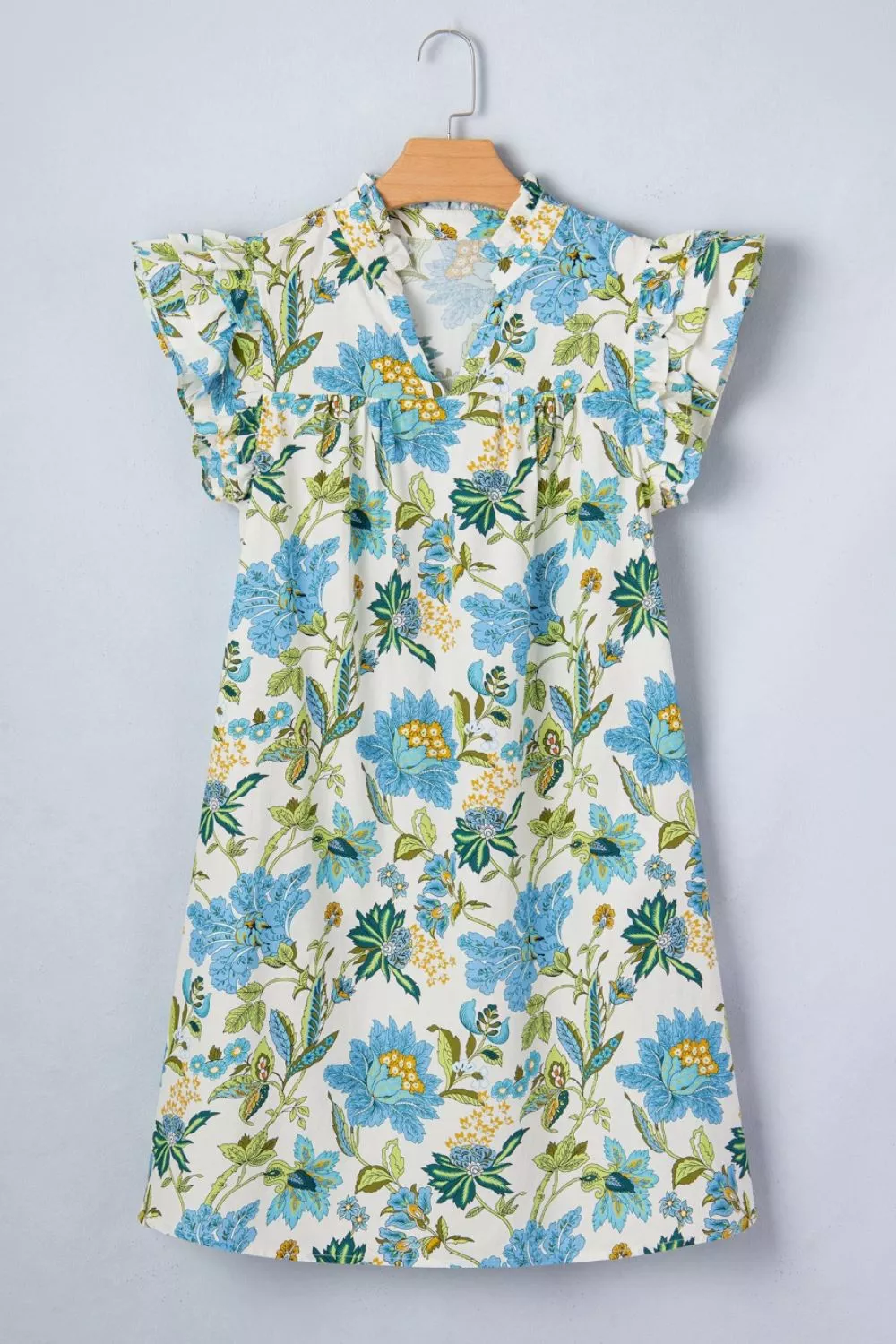 Floral Print V Neck Triple Ruffle Short Sleeve Shift Mini Dress, image 6