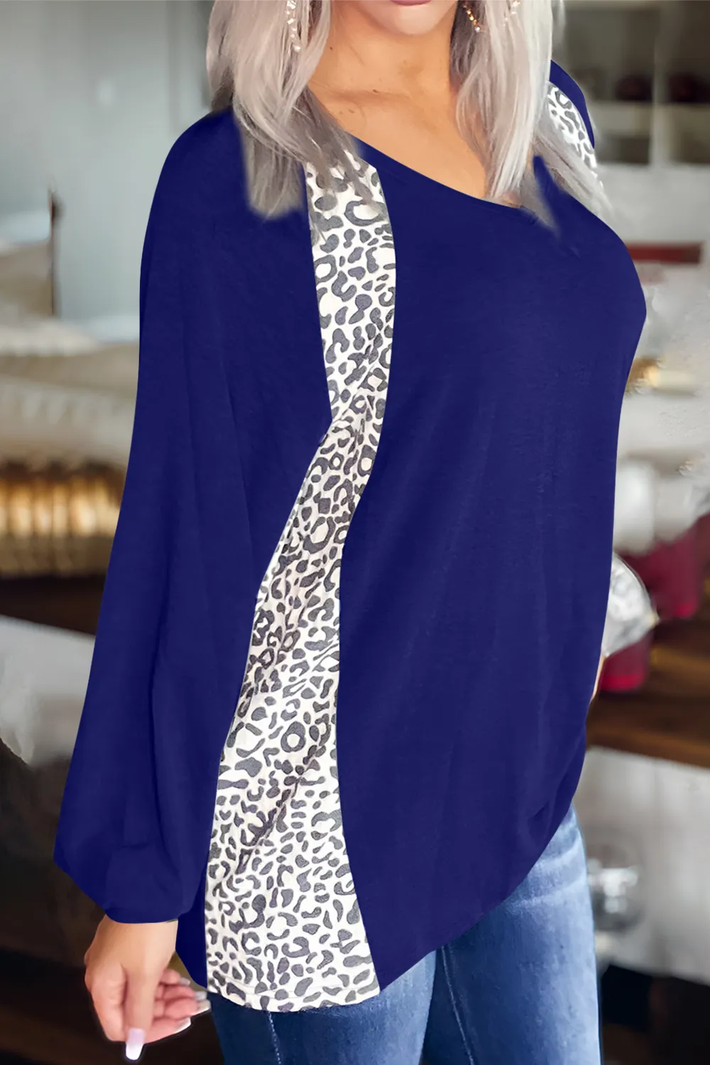Full Size Leopard V-Neck Long Sleeve T-Shirt, image 6