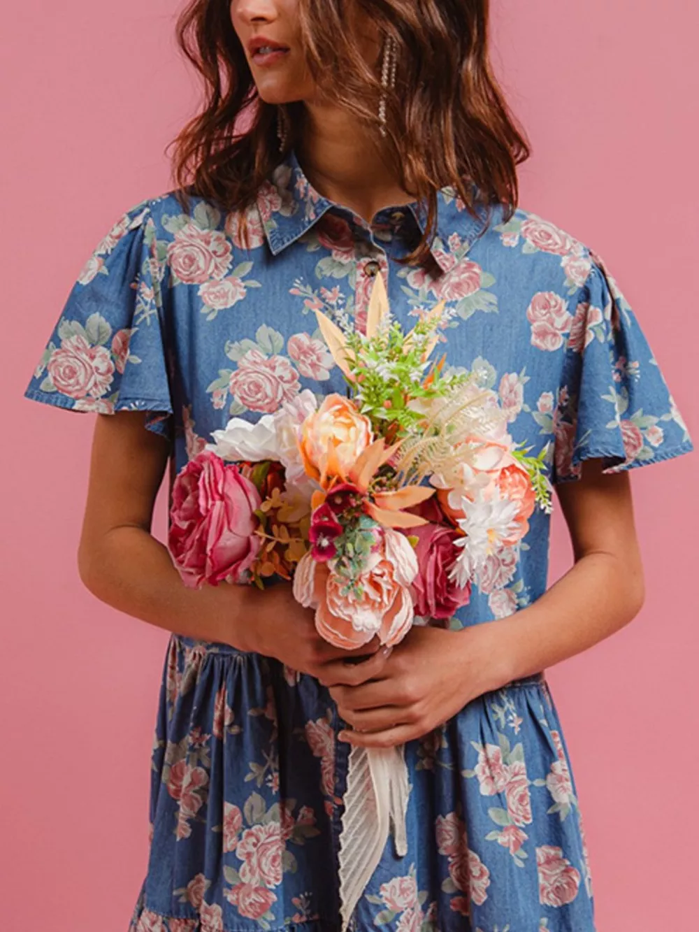 Floral Print Denim Button-Down Tiered Mini Dress, image 4