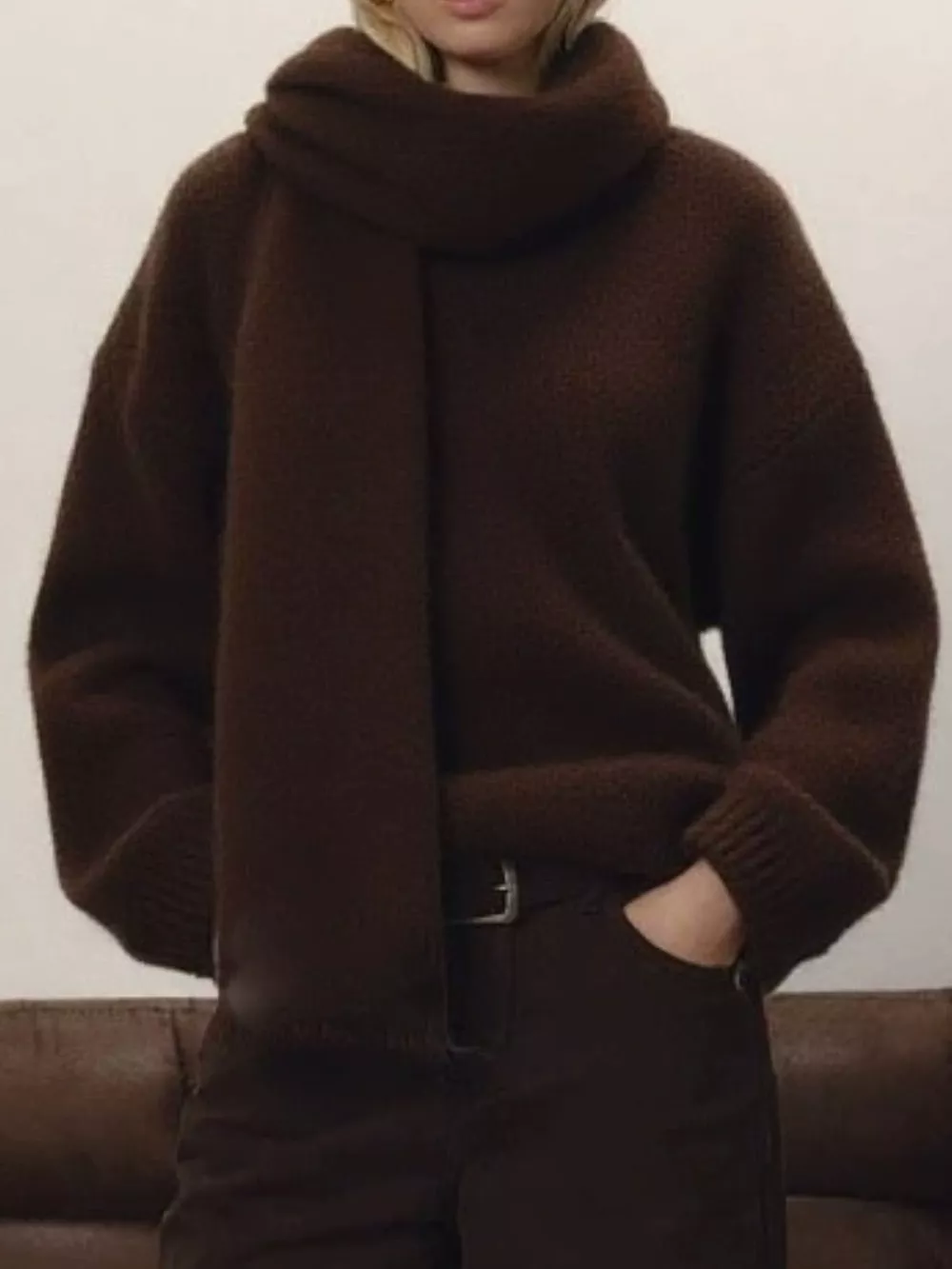 Oversized V-Neck Dropped Shoulder Sweater with Scarf, image 17