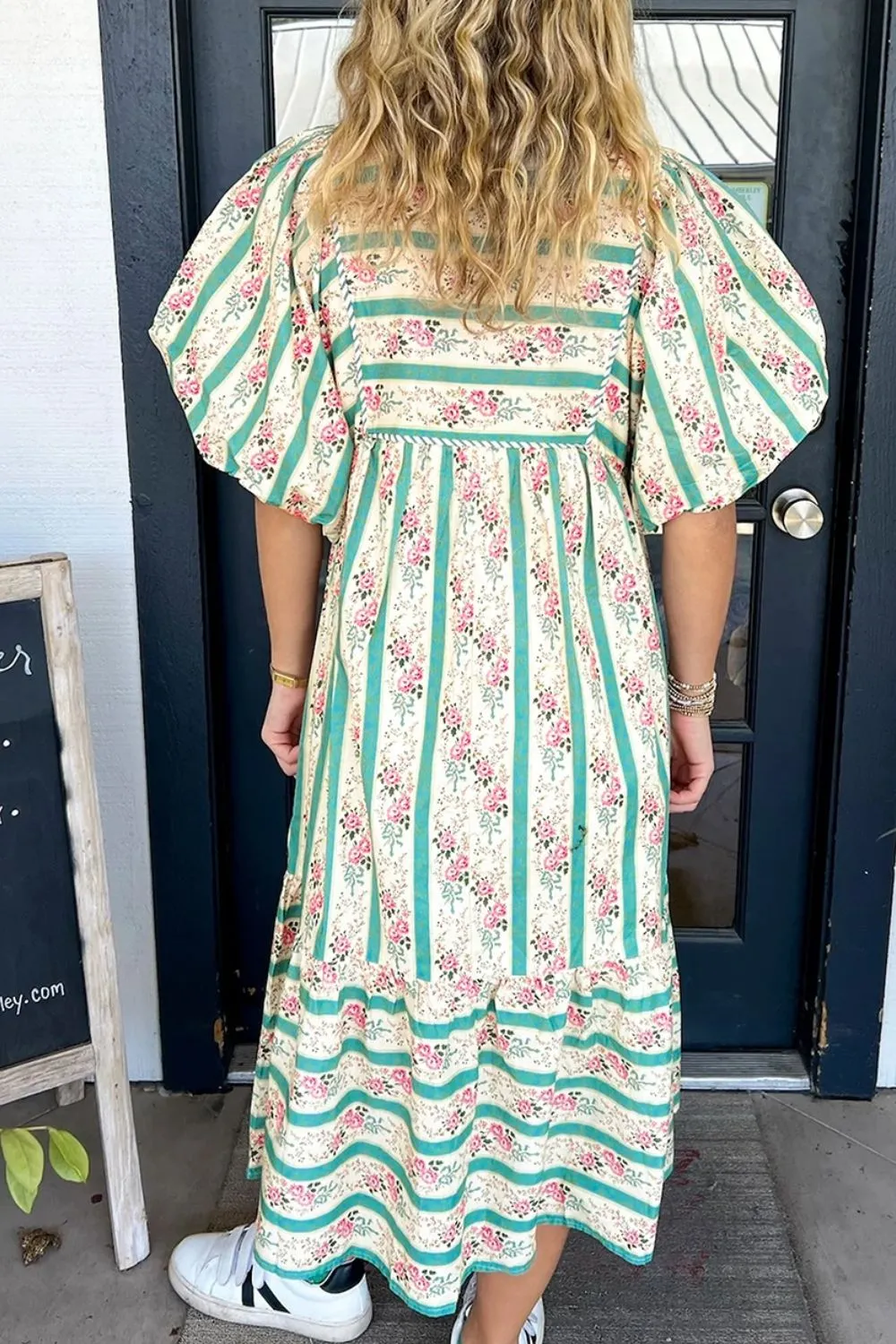 Striped Floral Print Tie Neck Puff Sleeve Midi Dress, image 11