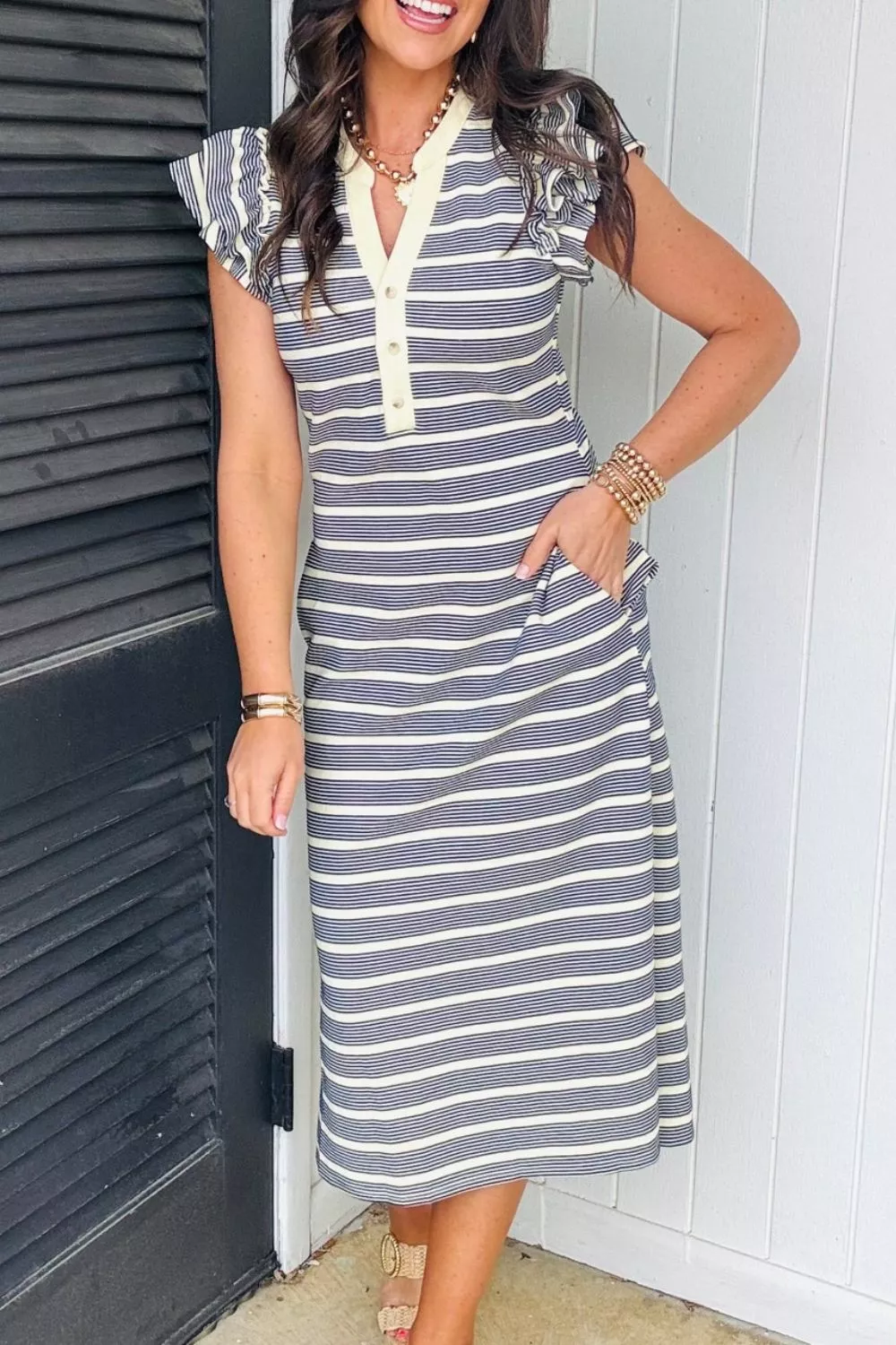 Stripe Ruffled Short Sleeve Contrast Trim Button Notched Neck Midi Dress, image 2