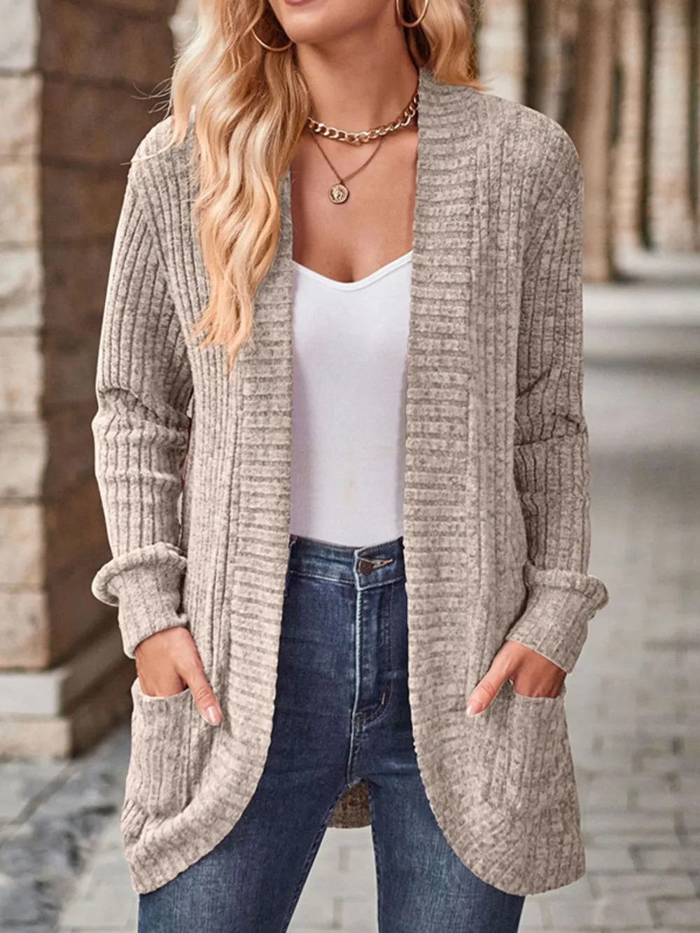 Ribbed Knit Open Front Cardigan with Pockets, image 10
