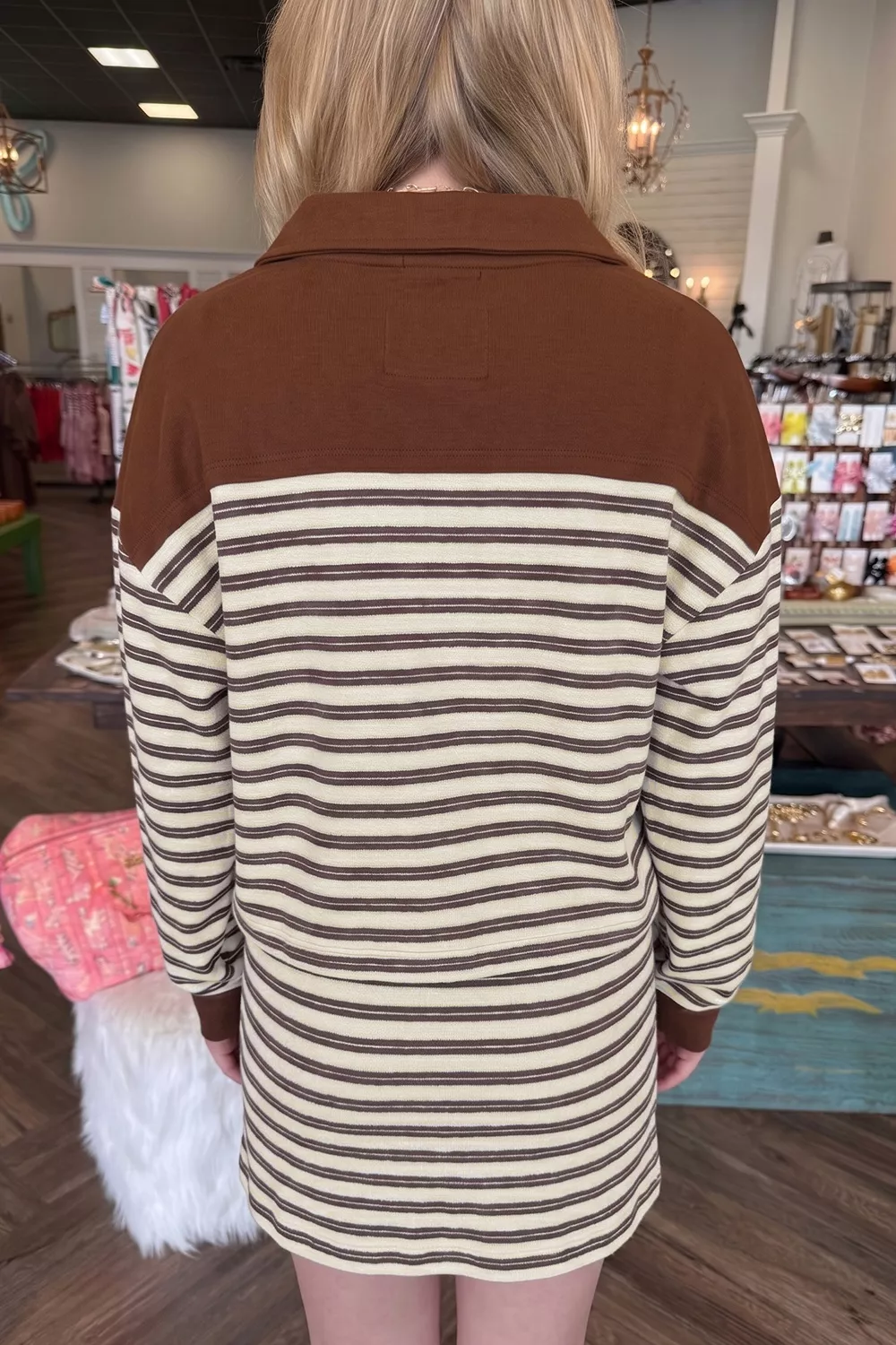Stripe Contrast Trim Button Neck Long Sleeve Top Drawstring Mini Skirt Set, image 3