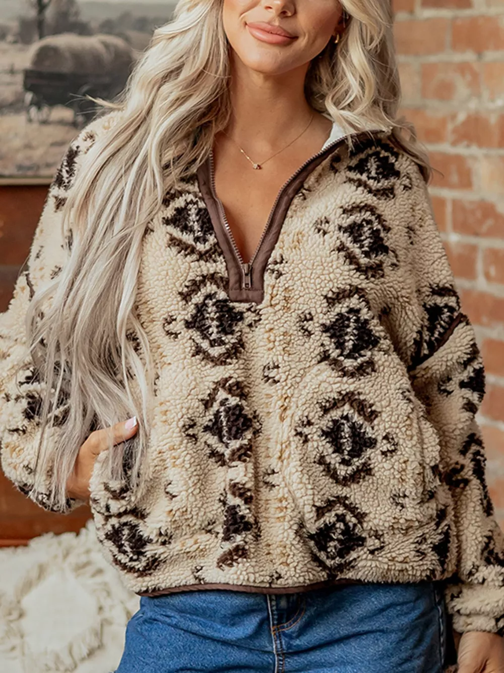 Aztec Print Quarter-Zip Sherpa Sweatshirt, image 2