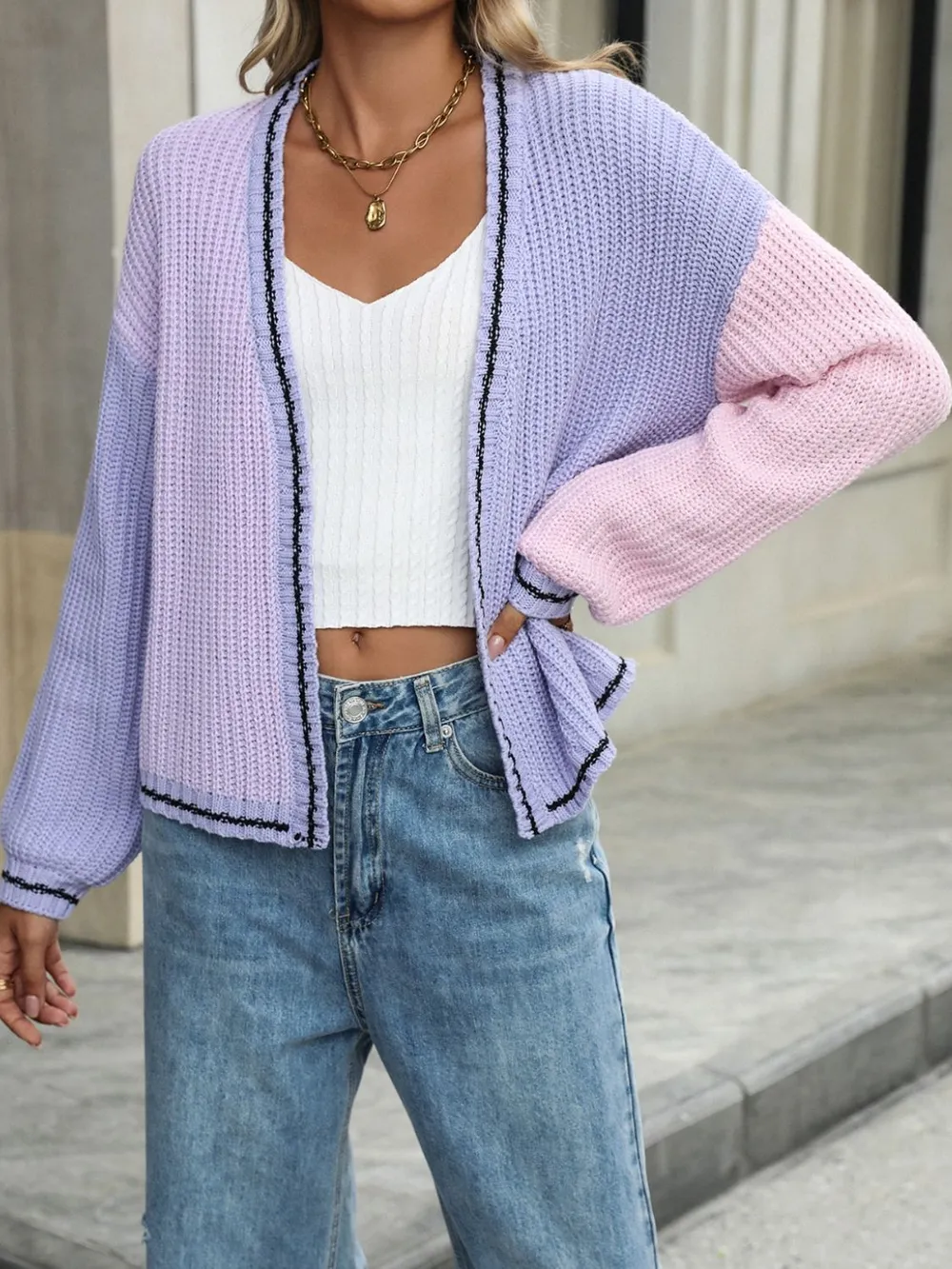 Contrast Open Front Long Sleeve Cardigan, image 9