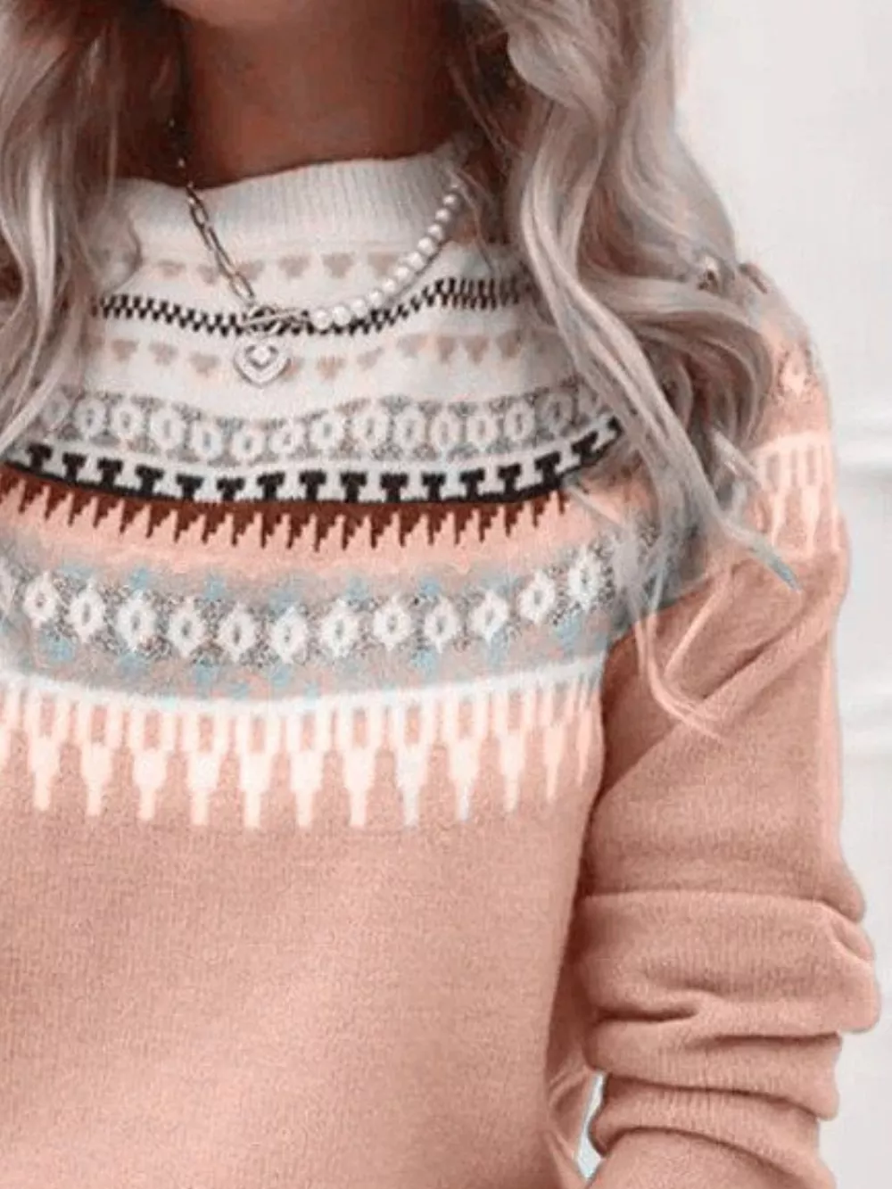 Full Size Vintage Patterned Round Neck Sweater Plus Size, image 30