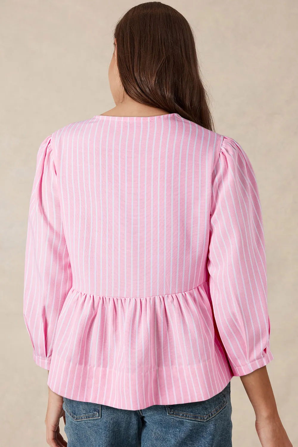Tied Bow Striped Round Neck Blouse, image 11