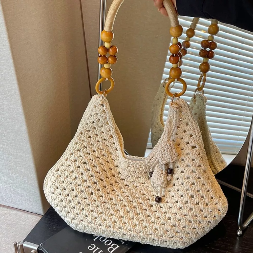 Crochet Knit Beaded Strap Shoulder Bag, image 3