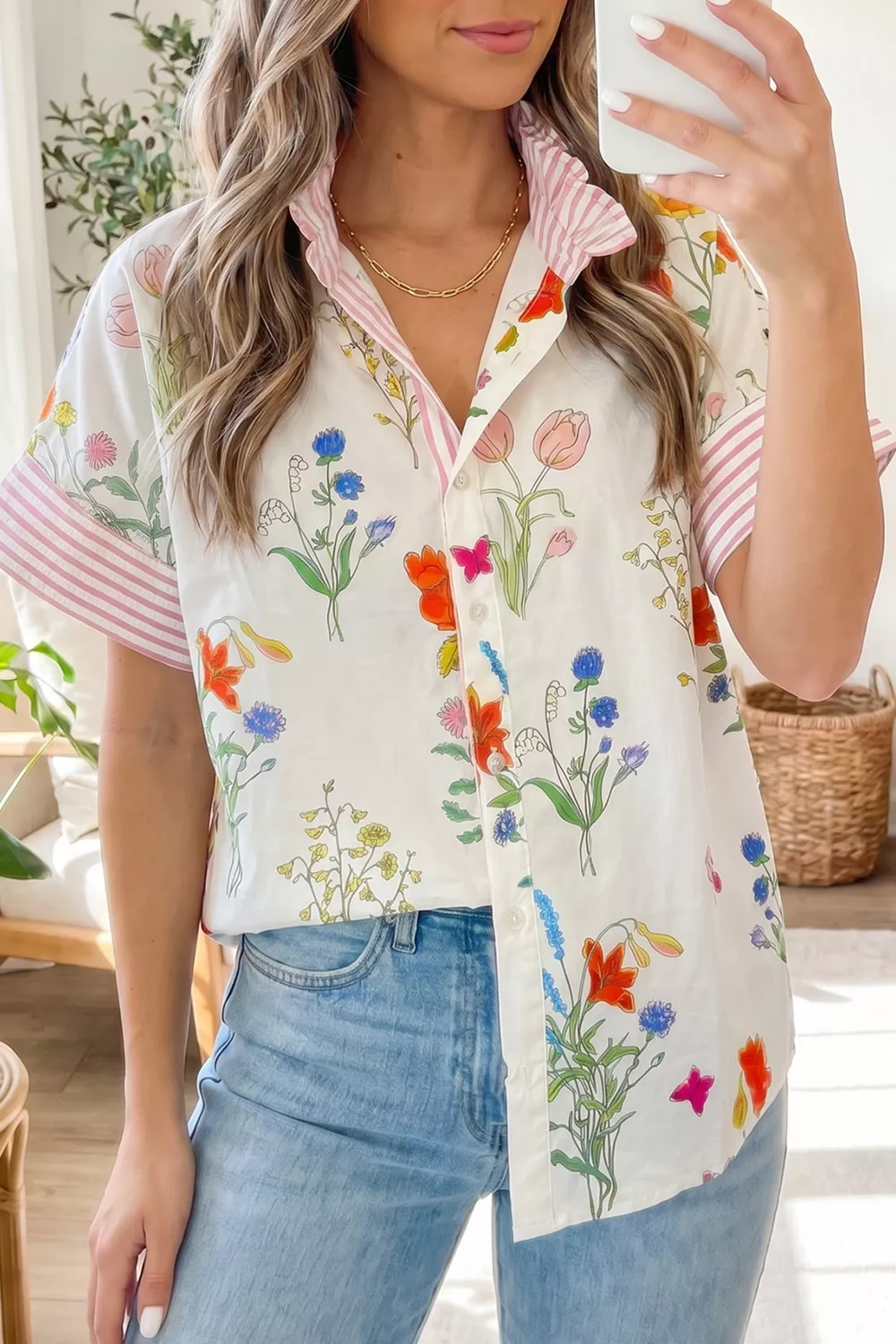 Floral Striped Patchwork Ruffled Collar Short Sleeve Shirt, image 3