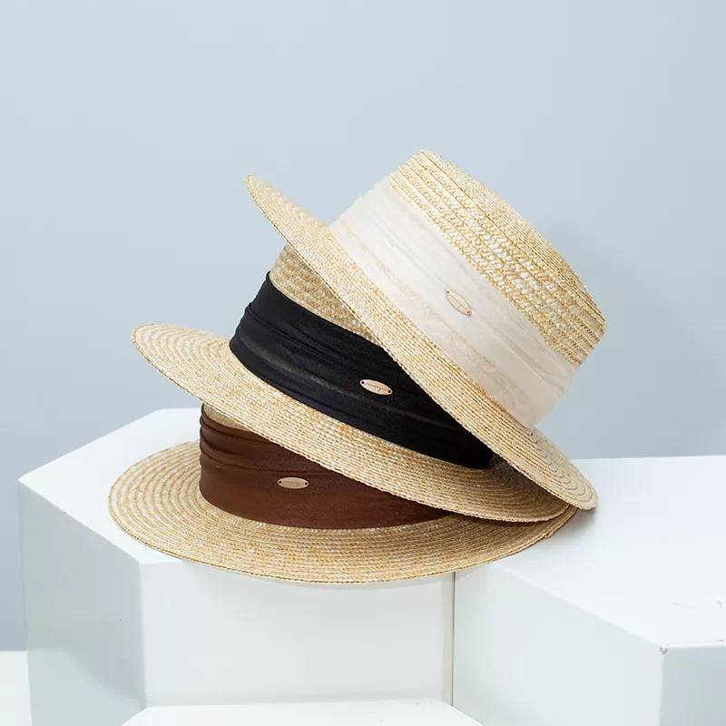Straw Boater Hat with Ribbon Accent, image 2