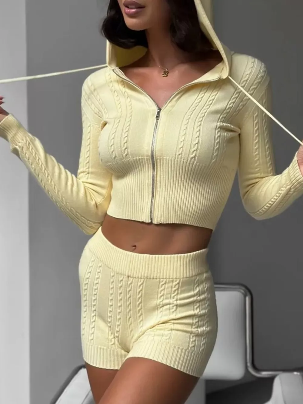 Cable Knit Zip-Up Hooded Top and Shorts Lounge Set, image 11