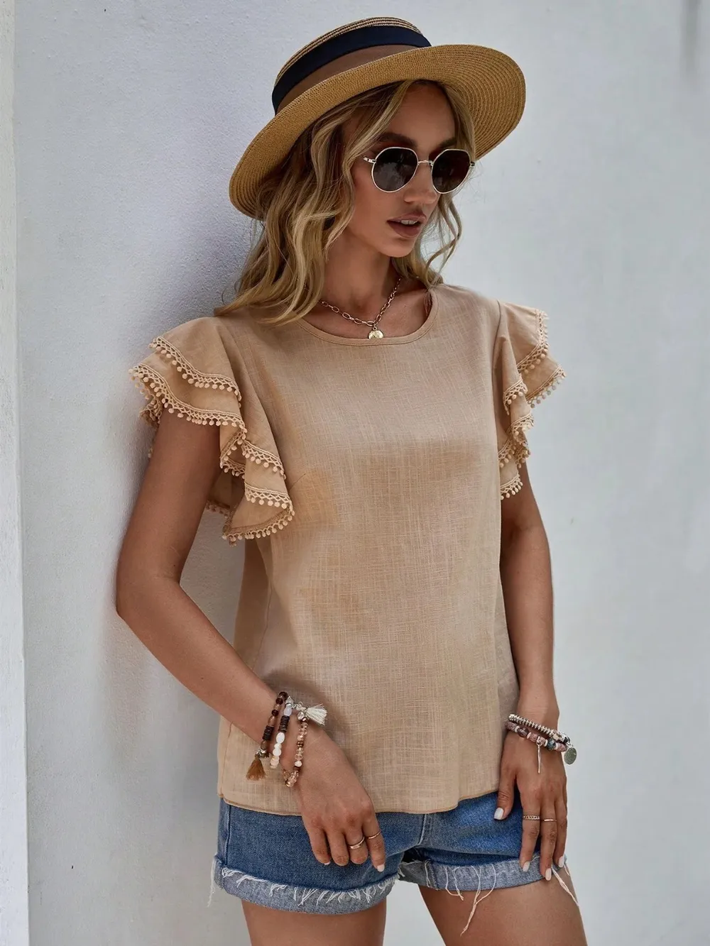 Ruffled Cap Sleeve Round Neck Blouse, image 11