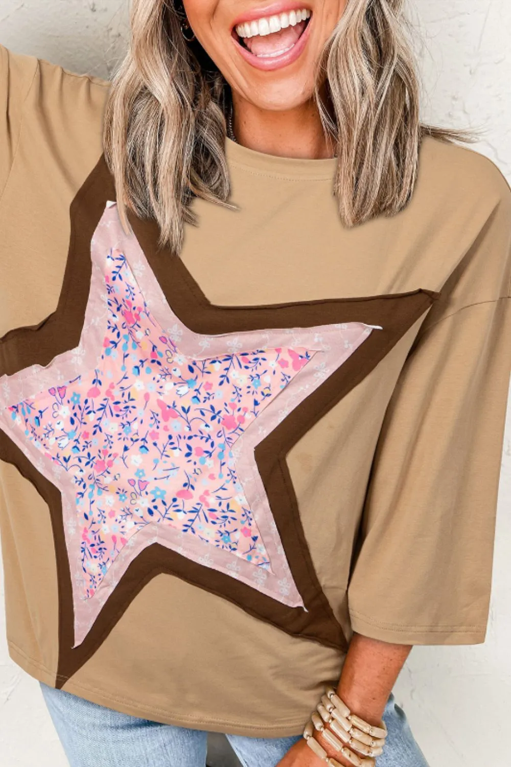 Star Applique Patch Round Neck T-Shirt, image 4