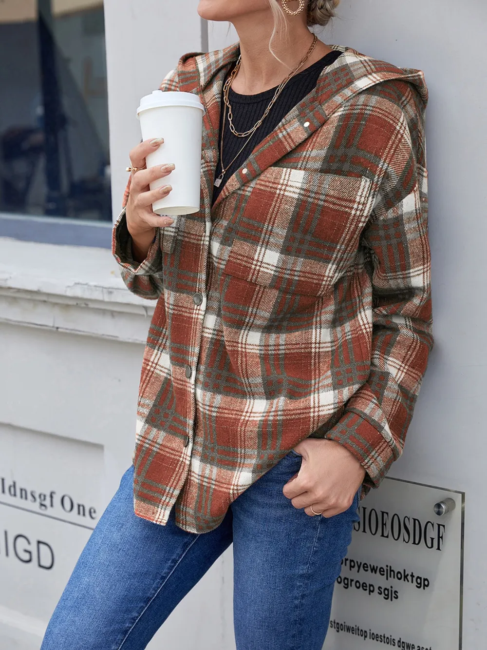 Plaid Button Up Long Sleeve Hooded Jacket, image 10