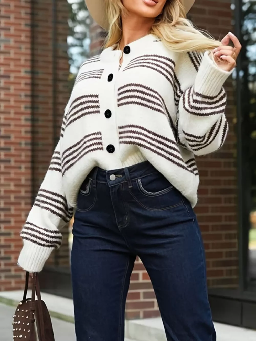 Striped Button-Down Knit Cardigan, image 2