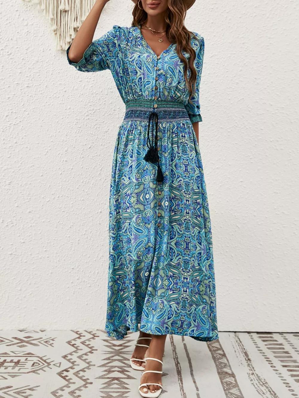 Paisley Print Half Sleeve Slit Midi Dress, image 12