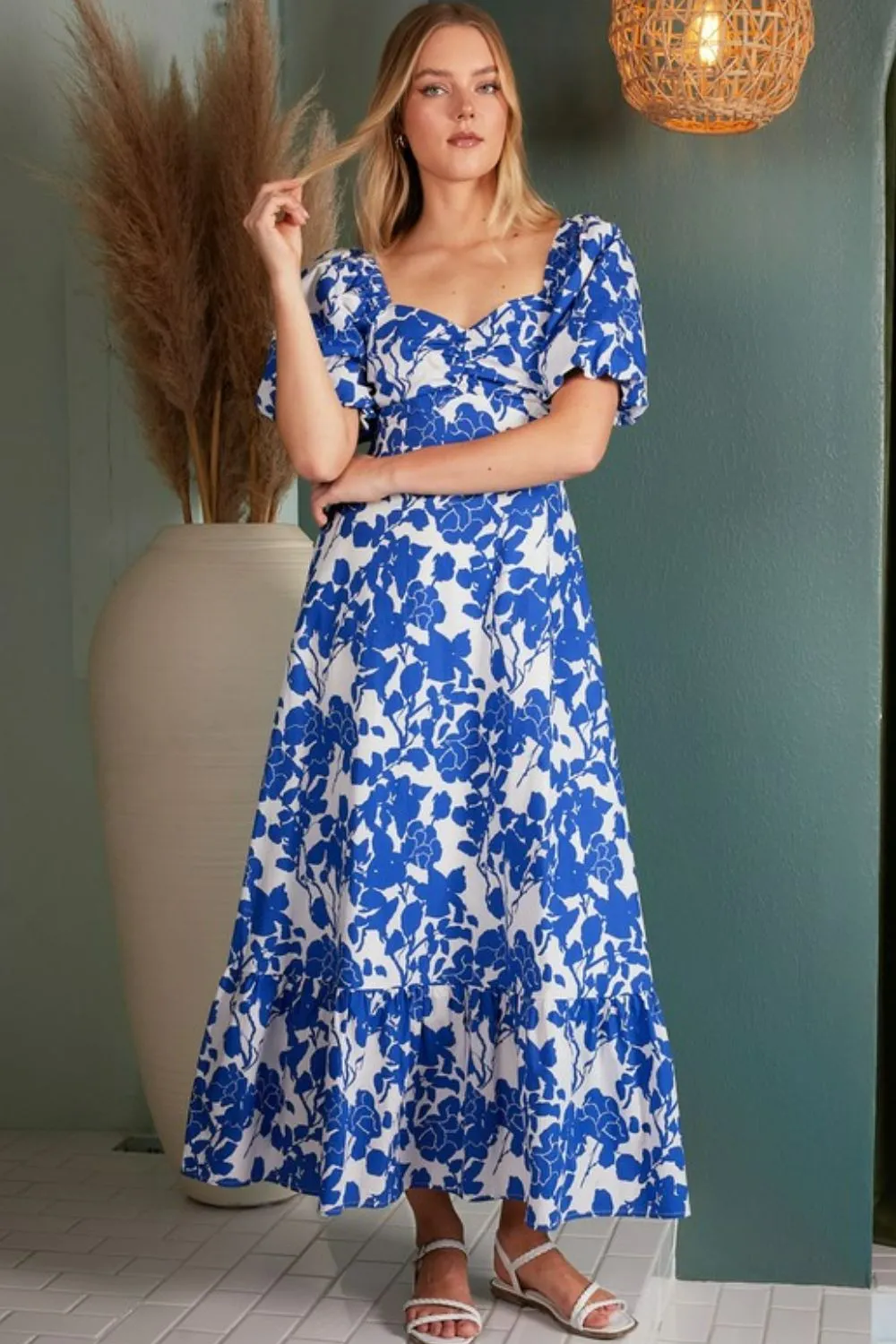 Cutout Back Floral Sweetheart Neck Puff Sleeve Dress, image 6