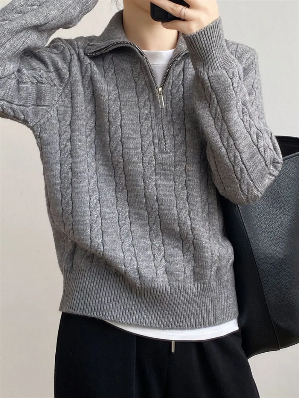 Cable-Knit Half Zip Long Sleeve Sweater, image 2