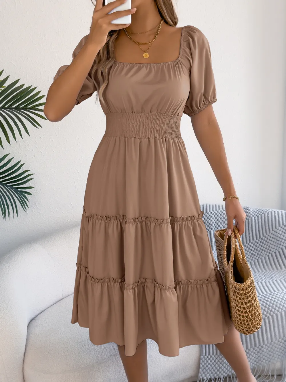 Square Neck Short Puff Sleeve Dress, image 12