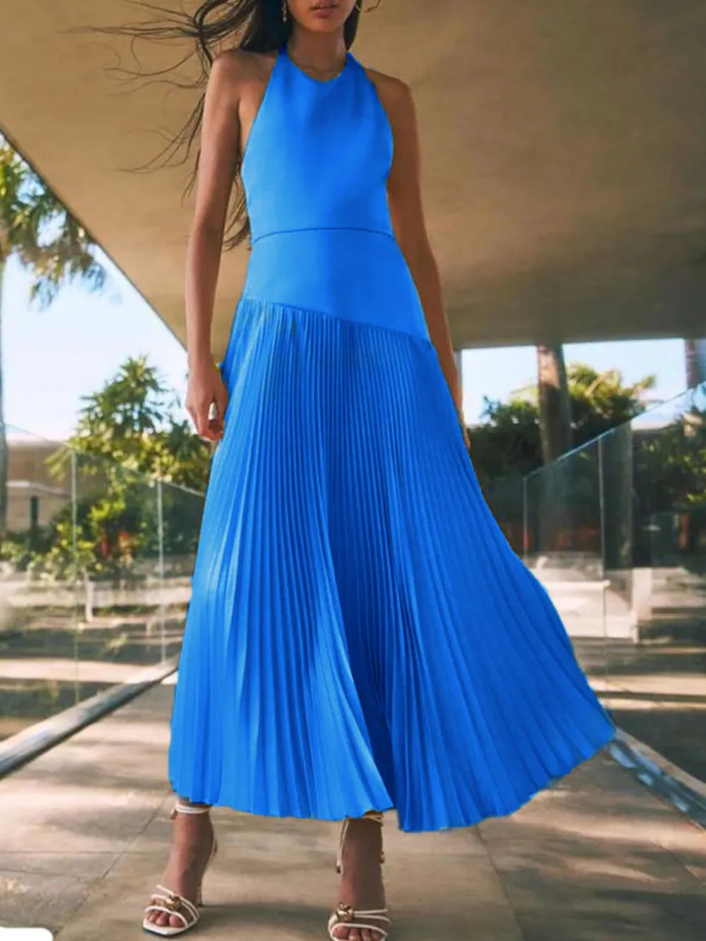 Pleated Halter Neck Maxi Dress, image 10