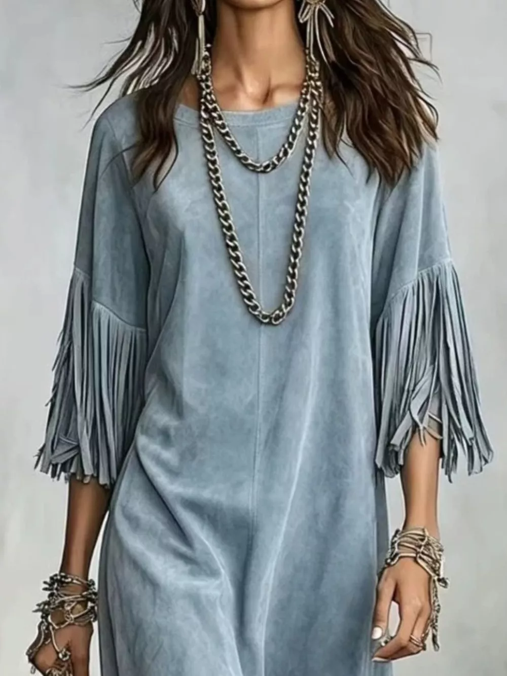 Fringed Round Neck Midi Dress, image 4