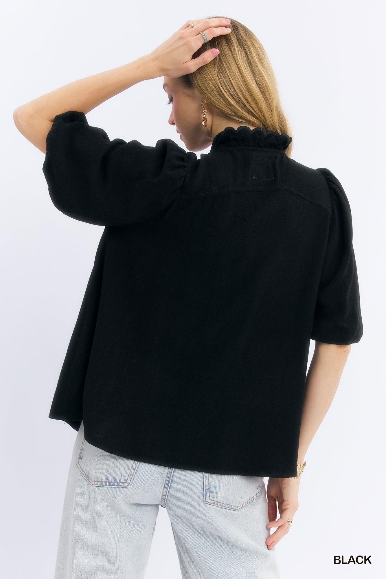 Linen Scallop Trim V-Neck Blouse, image 4