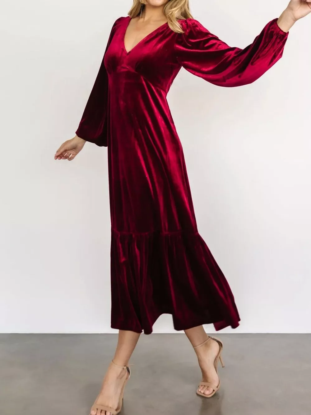 Velvet Tiered Long Sleeve Midi Dress, image 14