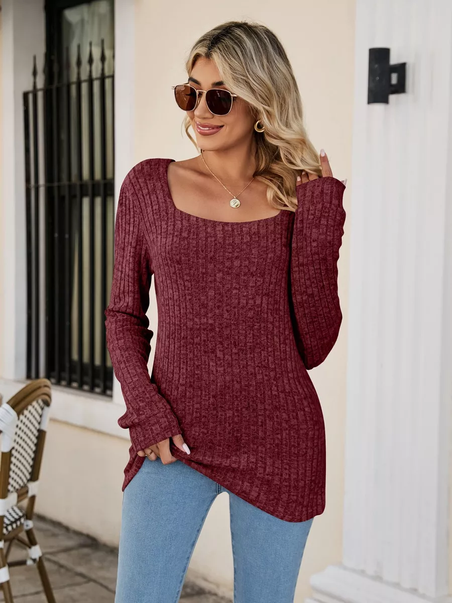 Ribbed Square Neck Long Sleeve T-Shirt, image 11