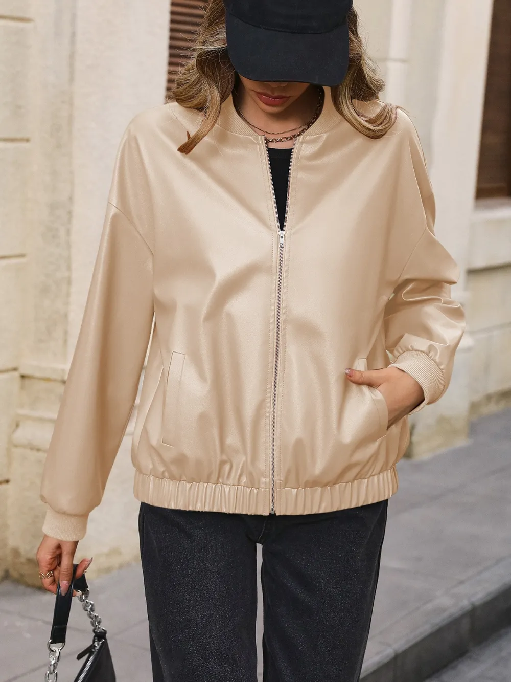 Zip Up Baseball Collar Dropped Shoulder Jacket, image 4