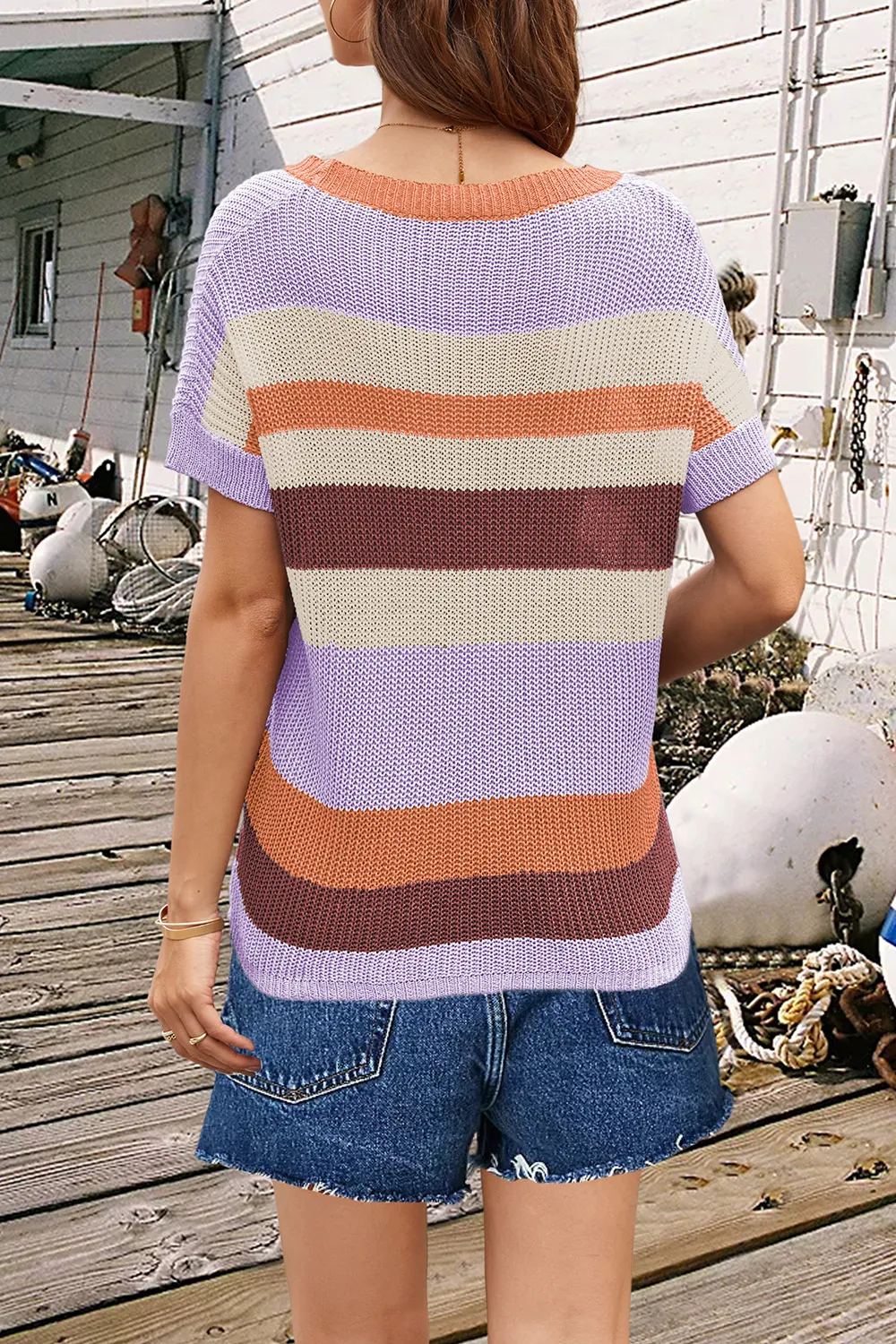 Striped Round Neck Short Sleeve Knit Top, image 6