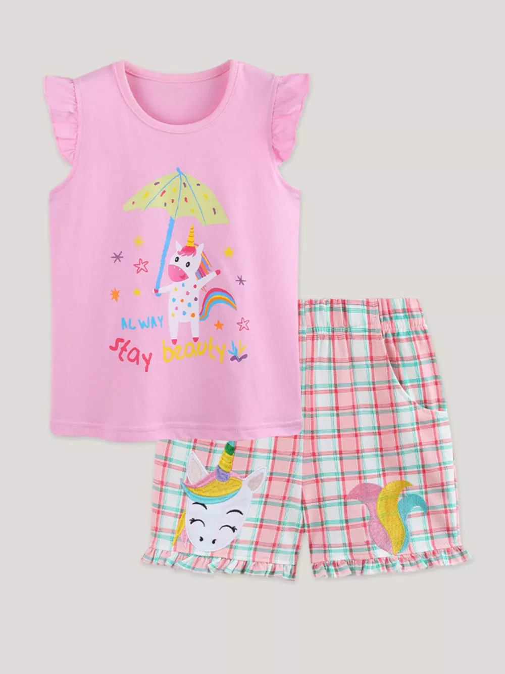 Children's Unicorn Dreams Sleeveless Top & Plaid Shorts Set, image 2