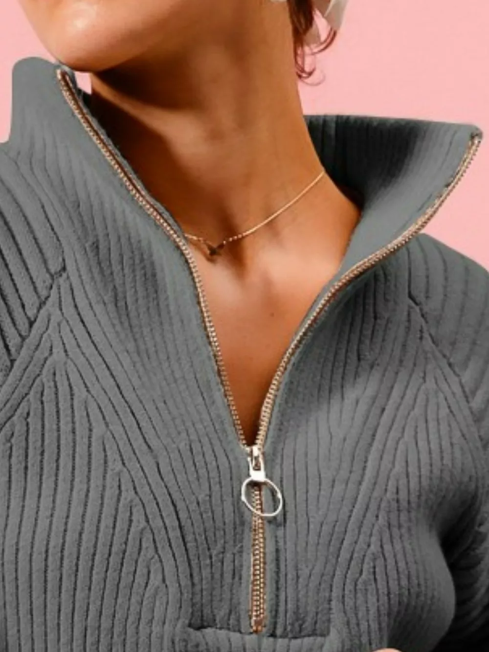 Half Zip Raglan Balloon Sleeves Ribbed Sweater, image 2