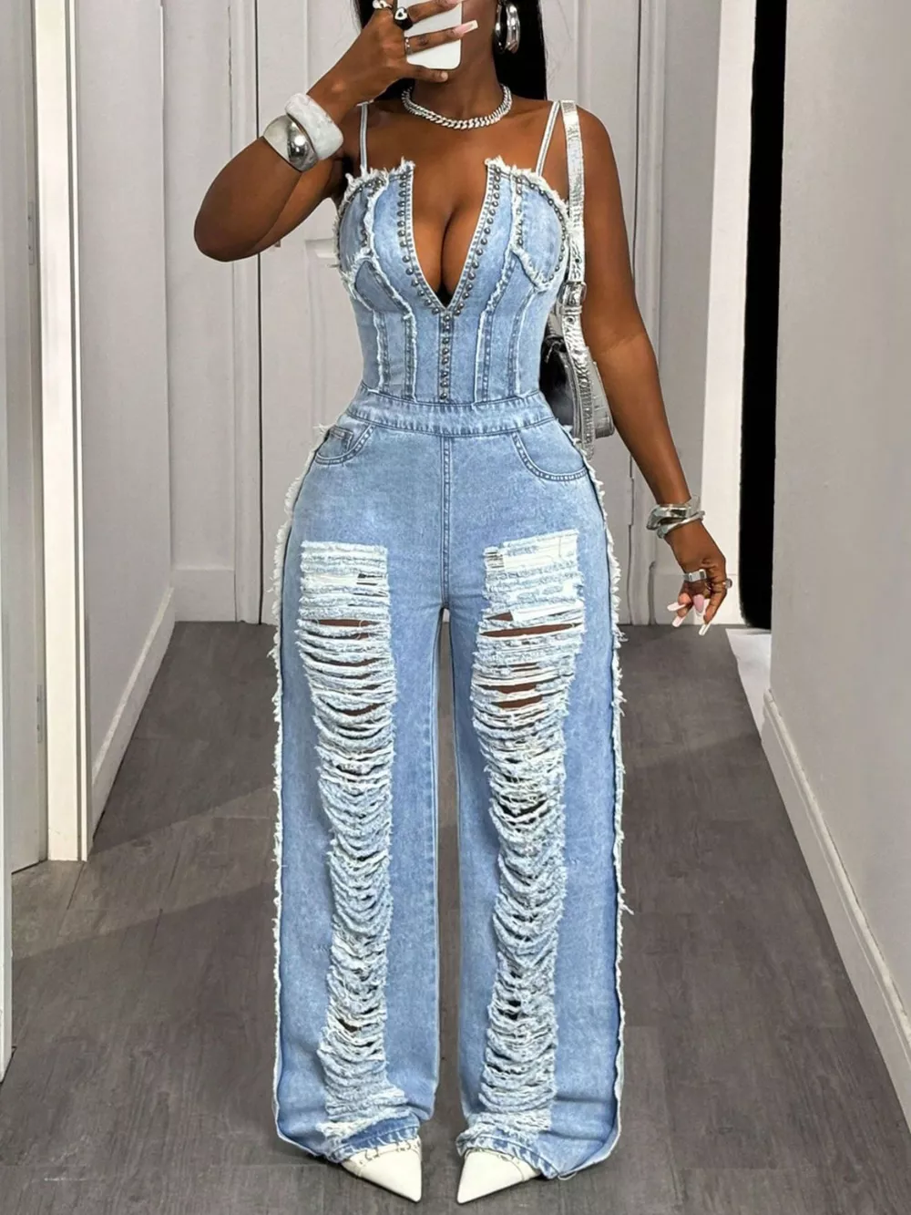 Distressed Spaghetti Strap Wide-Leg Denim Jumpsuit, image 6