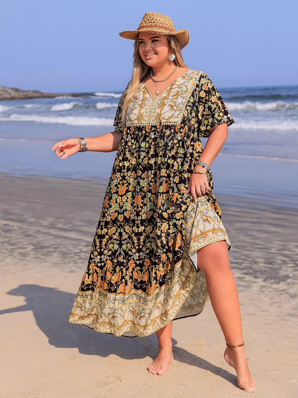 Plus Size Bohemian Floral Tiered Maxi Dress, image 5