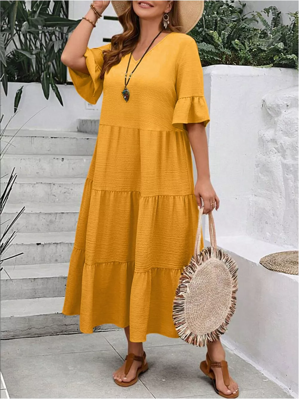 Plus Size Ruffle Sleeves Tiered Midi Dress, image 20