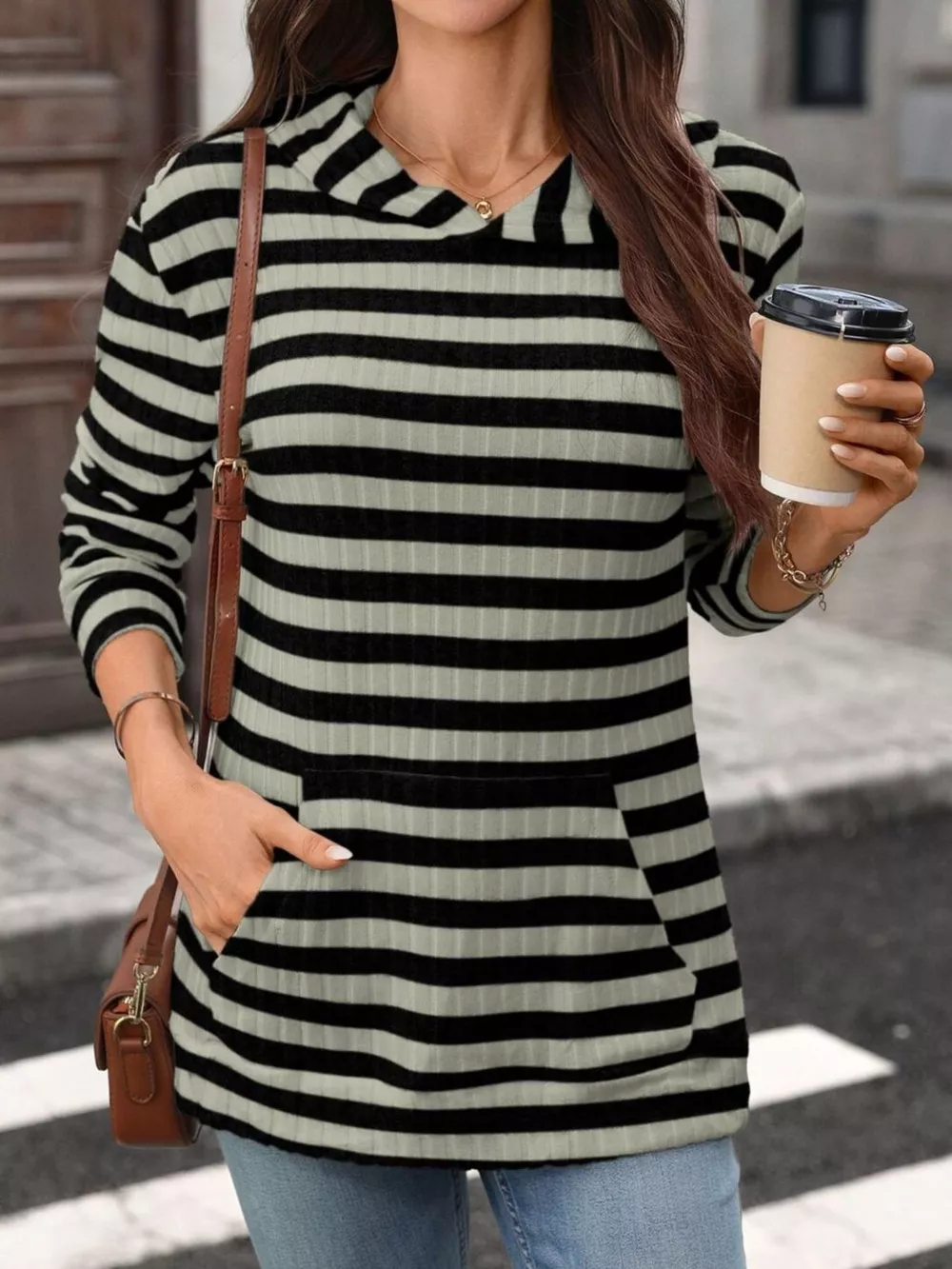 Casual Striped Ribbed Knit Hoodie with Kangaroo Pocket, image 11