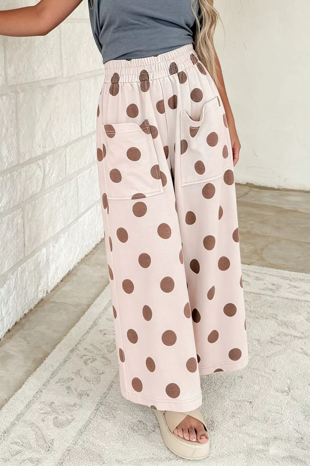 Polka Dot Wide Leg Elastic Waist Casual Pants, image 6