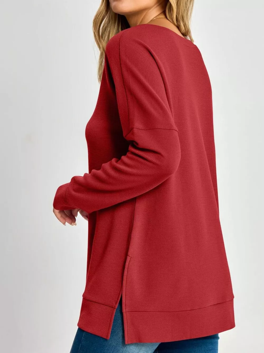 Side Slit Waffle Knit V-Neck T-Shirt, image 12