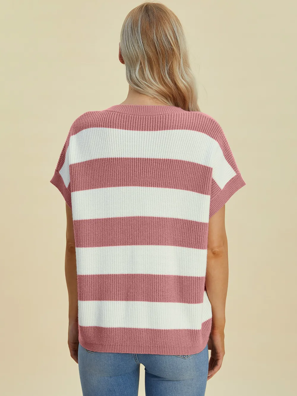 Full Size Striped V-Neck Short Sleeve Sweater, image 20